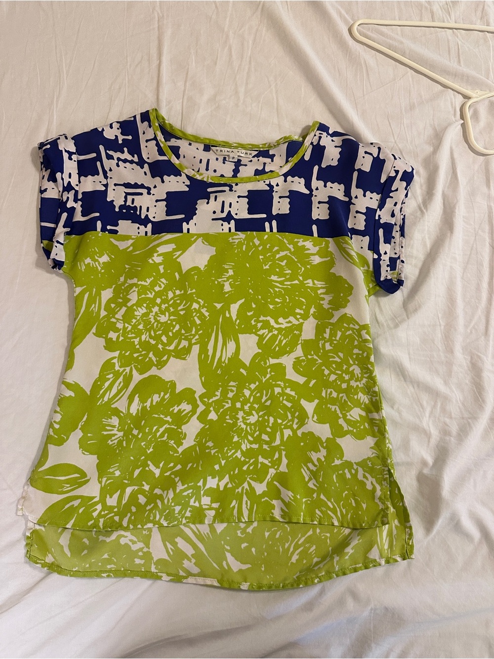 Trina Turk Lime Green & Navy Floral Block Short Sleeve Top